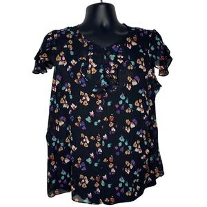 attention Floral Keyhole Babydoll Blouse (Size:XL, Color:Black/Multi)
